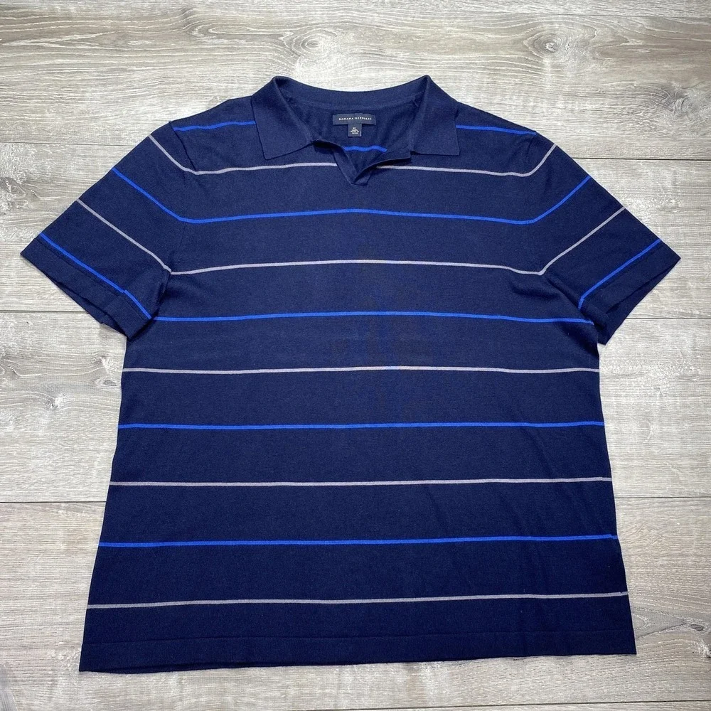 Banana Republic Polo Mens XL Navy Blue Silk Cotton Striped Knit‎ V-Neck Casual